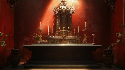 Poster - A solemn church altar adorned with candles and a mirror