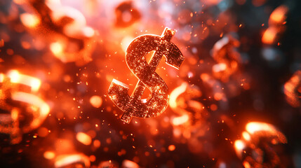 Poster - Fiery Dollar Sign Abstract Art representing financial instability or burning money concept features glowing embers and particles for stock footage and graphic design projects.