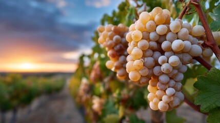 Poster - Clusters of ripe white grapes are suspended from green vines, basking under a golden sunset sky. The vineyard stretches into the distance, showcasing the beauty of nature's bounty