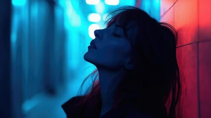 Poster - A woman leans against a wall with her eyes closed, possibly in contemplation or relaxation