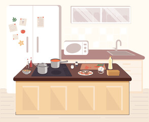 Poster - Cartoon Color Kitchen with Furniture Interior Inside Concept Flat Design Style and Line Elements. Vector illustration of Refrigerator and Microwave