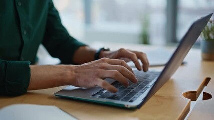 Wall Mural - Businessman hands writing email at laptop in creative agency office closeup. 