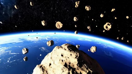 Wall Mural - dramatic cosmic scene with large asteroid field orbiting blue planet, shooting star visible in the s