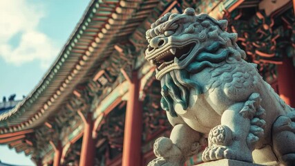 Aufkleber - A majestic lion statue sits proudly in front of a grand building