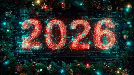 Poster - Futuristic 2024 Number Render: Glowing Digital Typography with Circuitry and Bokeh Background for New Year Technology Theme.