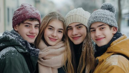 Poster - A group of young people standing together in the snow, enjoying winter activities