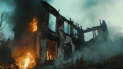 Poster - A building engulfed in flames with thick smoke billowing out, suitable for emergency response or crisis situations