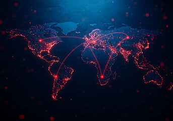 Poster - Global Technology Network Abstract Map with Glowing Red Cities and Data Connections