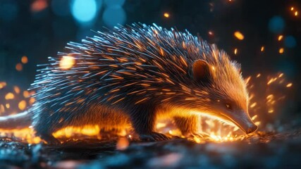 Poster - A porcupine walks through a burning field, with flames and smoke all around
