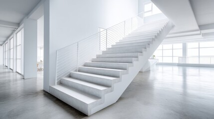 Fototapete - A wide staircase made of white materials ascends elegantly within a bright and spacious interior. Natural light fills the area, illuminating the smooth surfaces around