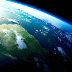 view of earth from space, a blue planet in deep black space