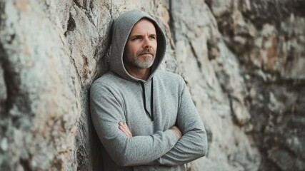 Aufkleber - A person wearing a hoodie leans against a rock, potentially looking out at something in the distance