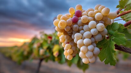 Poster - White grapes cluster closely on the vine as the sun sets, casting warm hues across the vineyard. Leaves surround the grapes, creating a serene and vibrant atmosphere