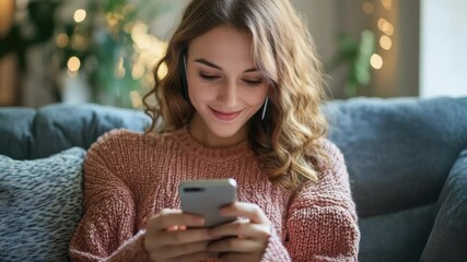 Aufkleber - A woman sits on a couch looking at her cell phone, possibly lost in thought