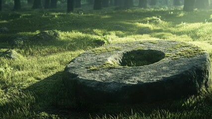 Poster - A single stone sits in the middle of a green grassy field, surrounded by nature