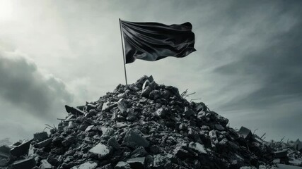 Poster - A historic or abandoned site with a flag standing tall amidst ruins, suitable for use in documentary or archival projects