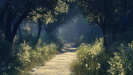 Poster - A winding dirt path through a dense forest with lush greenery and tall trees