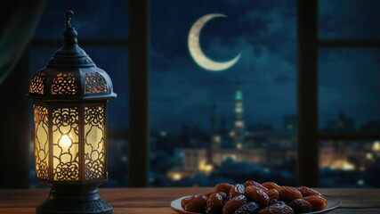 Aufkleber - A plate of dates and a lantern on a table, perfect for a rustic dinner or event