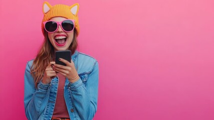 Poster - A woman wearing a unique cat-shaped hat and sunglasses is focused on her smartphone