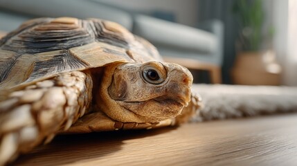 Poster - A turtle moves slowly across a polished wooden floor, taking in its surroundings. Soft light filters in, creating a warm atmosphere, while the turtle shows a sense of exploration and curiosity