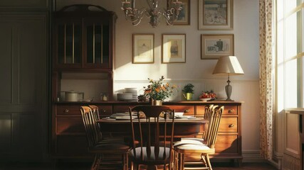 Poster - A formal dining room setup featuring a wooden table, chairs, and a crystal chandelier