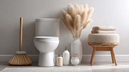Aufkleber - A stylish bathroom corner showcases a white toilet alongside a cleaning brush, decorative vases with pampas grass, stacked towels, and minimalistic accessories, creating a serene atmosphere