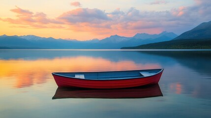 Naklejka na meble A red rowboat rests on a calm lake with mountains and a colorful sky in the distance