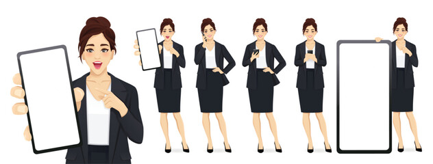 Set of elegant business young woman wearing black suit holding mobile phone, talking, texting, thinking and showing empty screen. Isolated vector illustration