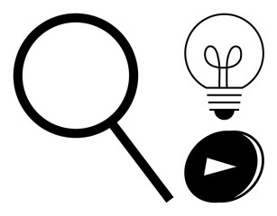 Poster - magnifying glass, light bulb, and play button symbolize exploration, creativity, and progress. ideal