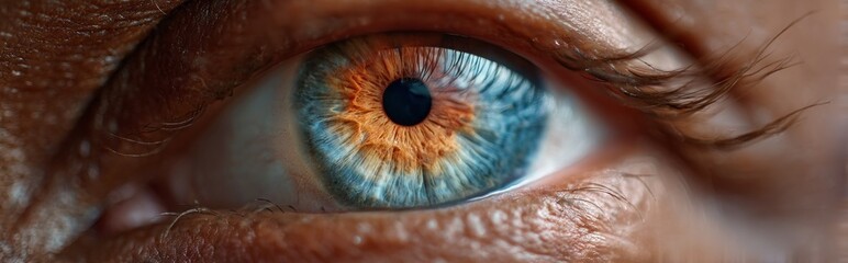 Poster - Close-up view of a human eye showcasing vibrant hues and intricate patterns. This macro perspective highlights emotional and aesthetic aspects, promoting wellness through visual beauty
