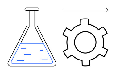 Poster - laboratory flask with liquid, gear, and arrow indicating progress. ideal for science, research, inno