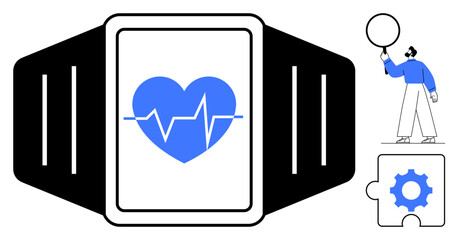 Poster - fitness tracker displaying a heart icon with heartbeat waveform, man holding a balloon, gear in puzz