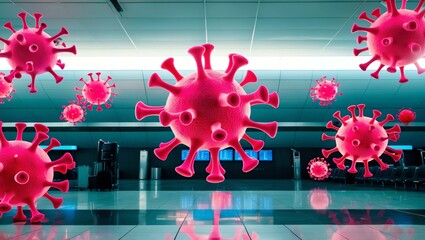 Wall Mural - pink themed floating virus concept airport background, awareness poster