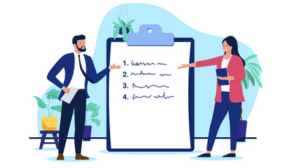 Poster - Businesspeople with list of steps - Two people, businessman and businesswoman reviewing a project plan with 4 steps, and discussing strategy in for company or organisational success. Flat design style