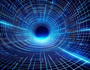 Fototapete - blue quantum wormhole tunneling through a digital space time grid