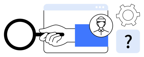 Poster - hand using magnifying glass near user profile icon overlaying webpage with settings gear and questio