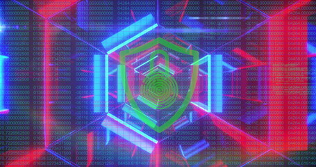 Poster - Security padlock over shield icon against neon tunnel against data processing