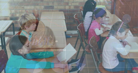Poster - Image of data processing over diverse group of pupils with female teacher