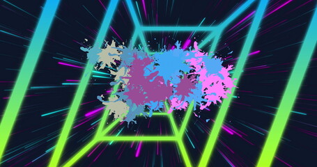 Poster - Digital image of abstract shapes moving against green abstract shapes on pink background