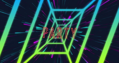 Poster - Image of party text over green neon lines and light trails on black background