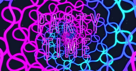 Poster - Image of party time text over colorful neon shapes on black background