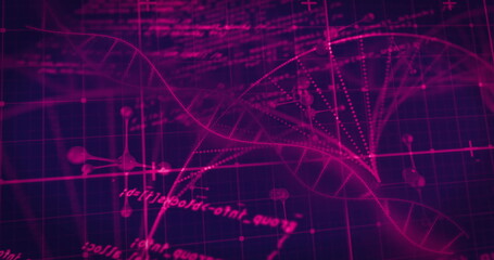 Poster - Image of dna strand and data processing on black background