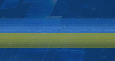 Poster - Displaying abstract graphic showing olive-green strip on blue gradient screen, circuit overlays