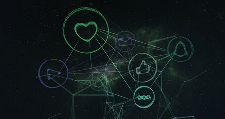 Leinwandbilder - Network of digital icons against network of hexagons spinning on black background
