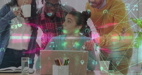 Poster - Image of network of connections with icons over diverse group of business people
