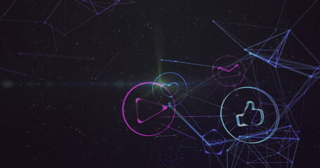 Leinwandbilder - Network of digital icons against spot of light on black background