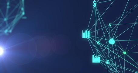Poster - Two globes of digital icons spinning and spot of light against copy space on blue background
