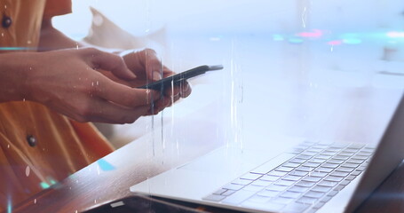 Poster - Image of screens of network of connections over mid section of woman using laptop and smartphone