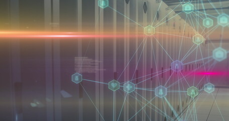 Poster - image of data processing over network and glowing blue globe