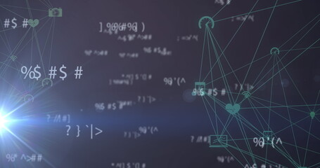 Poster - multiple changing mathematical symbols and spot of light over two globes of digital icons spinning